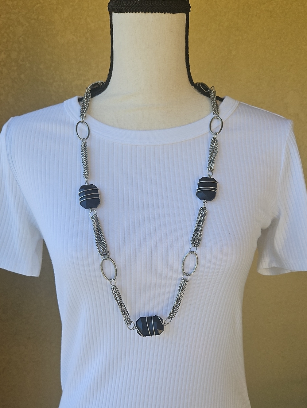 Chico's Black "Stone" and Silver Tone Statement Necklace